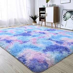 junovo Soft Rainbow Area Rugs for Girls Room, Fluffy Colorful Rugs Cute Floor Carpets Shaggy Playing Mat for Kids Baby Girls Bedroom Nursery Home Decor, 5ft x 8ft Tie-Dyed Purple