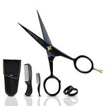 ONTAKI 5” German Beard Scissors & Mustache Scissors - 2 Combs (Beard Comb + Mustache Comb) with Carrying Pouch - Hand Forged Beard Trimming Scissors with Finger Rest (Black (410C German Steel))