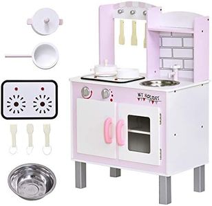 HOMCOM Kids Kitchen Play Set Wooden Pretend Play Toy w/Sounds Utensils Pans Storage Child Role Play Accessories for 3 Years+ Pink