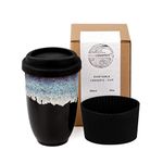 Nova Ceramics Reusable Coffee Cup, Ceramic Travel Mug with Lid and Sleeve, Portable Coffee Cup, Unique to Go Mug, Black with Running Blue Glaze, 12oz