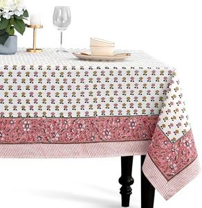 CPC Rosette Bloom Tablecloth 100% Cotton 72x160 Inch Indian Block Print Rectangle Table Cover, Table Cloth for Gifting in Weddings, Halloween, Fall, Christmas, Thanksgiving