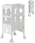 GYMAX Kids Step Stool, Wooden Kitchen Toddler Helper Stand with Adjustable Height, Safety Latches and 4-Side Safety Rail, Baby Tower Lightweight Stepladder (White)