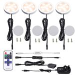 AIBOO LED Kitchen Under Cabinet Lighting Kit Dimmable with Wireless RF Remote,UK Plug,4 Pack Round Display 240V LED Puck Lights,8W Under Cupboard Counter Shelf Lights(Warm White 2700K)