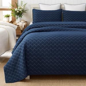 Brandmream King Size Quilt Set Cotton Navy Blue Quilt Bedding Set Luxury Checker Plaid Coverlet Set 3-Piece