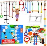 Hyponix Ninja Obstacle Course for Kids – 2 x 60 ft Slacklines with 13 Weatherproof Obstacles – Monkey Net, Ratchet-Tight Tech, Supports 880 lbs – Climbing & Swinging Backyard Fun