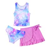 Tshyfiper Girls Swimsuit Kids Bathing Suits Children Tankini Set Bikini for Toddler Sleeveless Top Briefs Summer Beach Surf Swimwear with Cover Up Skirt Purple Starry Sky 4-5 Years