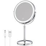 AMZNEVO Rechargeable 8'' Lighted Makeup Mirror, 10X Magnifying Vanity Mirror with 3 Color LED Lights, Double-Sided Cosmetic Mirror Battery Powered, Touch Button Adjust Brightness