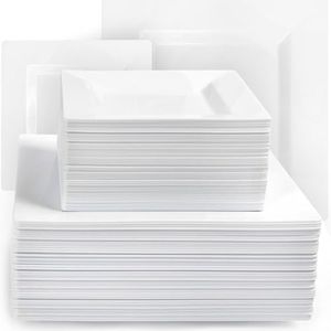 Aya's 100 Square Plastic Plates, Heavy Duty Hard Plastic Disposable Plates for Party, 50 Dinner Plates 9.5" + 50 Salad Cake Dessert Appetizer Plates 6.5" - Elegant Party Plate for Christmas & Holiday