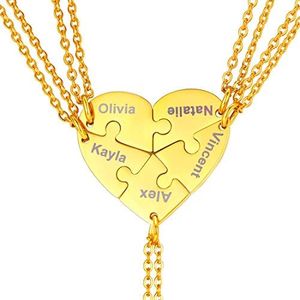 U7 Custom Engrave Heart Necklace for Women Men 18K Gold Plated Personalized Name Pendant 5 Puzzle Piece Pendant Brother Sister Sibling Family/Friendship Jewelry Set for 5 Best Friend Gift