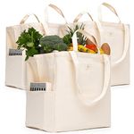 Reusable Grocery Bags - 100% Cotton 12Oz Canvas Grocery Bags with Handles, Large Kitchen Grocery Bags, Reusable Shopping Bags for Groceries, Grocery Tote Bag, Heavy Duty, Foldable Market Bag (Cream)