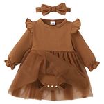 SOBOWO Baby Girl Tutu Dress Infant Girl Ruffle Romper Dress Solid Long Short Sleeve Tulle Dress Skirt Headband Summer Outfits(L Brown, 6-12 Months)