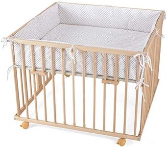 WALDIN Baby Laufgitter/Laufstall ca. 100 x 100 cm, BUCHE MASSIV, höhen-verstellbar, 2 Modelle wählbar, natur unbehandelt, Stoff weiß/Punkte grau