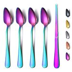 HOMQUEN 4 Piece Grapefruit Spoons and 1 Grapefruit Knife, Stainless Steel Grapefruit Utensil Set, Serrated Edges Spoon (Rainbow Titanium Plating)