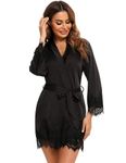 RSLOVE Women Satin Robe Lace Trim Kimono Dressing Gown Silk Bridal/Bridesmaid Robe Black Medium