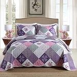 Qucover Quilted Bedspreads King Size Soft Pylo-Cotton Beautiful Chic Purple Bedspread With Floral Patchwork Pattern Quilted Throw King Size 230x250 cm and Pillowcases