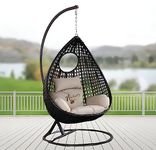 Hindoro Rattan Wicker Wrought Iron Single Seater Swing Chair with Stand & Cushion & Hook Outdoor || Indoor || Balcony || Garden || Patio || Living Outdoor Furniture (Black with Beige, Egg Shape)