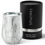 Sipworks Stainless Steel Wine Tumbler: Double-Wall Vacuum Insulated Stemless Wine Glass with Lid, 12-Ounce White Marble