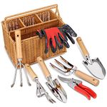 SOLIGT Gardening Hand Tools with Basket – Garden Tool Set with Pruning Shears, Cultivator, Gloves – Heavy-Duty Stainless Steel Gardening Tools with Wood Handle – Gardening Gifts for women men