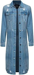 American Bazi Women's Long Button Down Distressed Denim Jean Jacket RJK3205 - Blue - Large - E4B