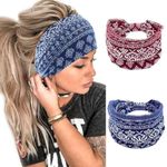 SILENCIO Gym Headbands Bohemian Headbands for Women Men, Stretch Wide Hair Bands Stylish Yoga Sweatband for Workout, Running, Tennis, Badminton, Marathons, Cycling, 2 Pcs Red+Blue