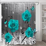 Turquoise Rose Floral Shower Curtains Rustic Romantic Blue Flowers Plant Butterfly Grey Ocean Undersea Bubble Gray Realistic Creative Ocean Abstract Flower Fabric Bathroom Set with Hooks 59X70Inch