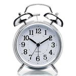 Aerys Table Clock Retro Twin Bell Metal Frame Alarm Clock With Night Backlight Function & Silent Motion, High Volume Bedside Luminous Alarm For Bedroom/Office (Silver Vintage) - Analog, 4.5 X 1.5 Inch