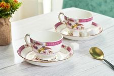 GOLDEN QUEEN'S Bone China Floral Cups & Saucer Set For Coffee/Tea/Hot Drinks - Of 12 Pcs (Bird In A Bouquet165 Ml)