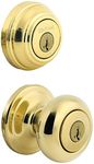 Kwikset Juno Keyed Entry Door Knob and Single Cylinder Deadbolt Combo Pack with Microban Antimicrobial Protection featuring SmartKey Security in Polished Brass