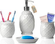 Designer 4-Piece Bathroom Accessory Set – Ceramic Bath Set w/Liquid Soap or Lotion Dispenser, Toothbrush Holder, Tumbler and Soap Dish – Decorative Set w/Embossed Details – Modern Vanity Accessories