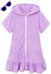 LUCKYGAL Girls Swim Cover Up Kids Swimsuit Coverup Terry Zip-Up Beach Bathing Suit Robe with Sunglasses, Purple, 6-7 Years