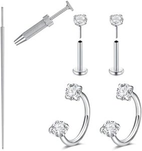 LAURITAMI 20G Horseshoe Nose Ring Push in Flat Back Earrings with Internal Piercing Taper and Grabber Tool Lip Ring Tragus Cartilage Earring for Women Men