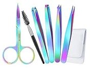 6pcs Eyebrow Tweezers Rainbow Set with 4 Different Tweezers for Different Use and 1 Scissors Along with 1 Eyelash Brush Comes in a Carrying Storage Case for Eyebrow, Ingrown Hair, Splinter