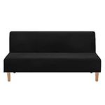 Velvet Futon Cover High Stretch Armless Sofa Bed Slipcover Soft Anti Slip Couch Cover Washable Folding Furniture Protector for Home Living Room Lounge (Black)