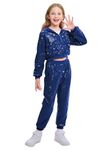 LOLANTA Teen Girls Dance Costumes Sequin Jacket Metallic Dance Pants for 70s Theme Party Halloween (RoyalBlue, 13-14 Years)