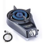 Unique Body Single Burner Propane Stove with Propane Adapter Hose. High Heat Value 15000 BTU. Smart Valve Protection for Children. Portable Size for Outdoor Use.
