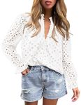 PRETTYGARDEN Women's Dressy Casual Blouse Tops Fall Puff Long Sleeve Button V Neck Hollow Out Lace Embroidered Shirts (White,X-Large)