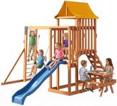 SunSwell Wooden Swing Sets for Backyard- Outdoor Playset with 2 in 1 Outdoor Table, 6FT Wave Slide, Climbing Wall, and Belt Swing, Playground Sets with Monkey Bar