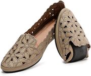 HEAWISH Women's Floral Ballet Flats for Women Black Beige Slip On Flowers PU Leather Round Toe Dress Shoes(Chocolate,US7)