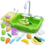 CUTE STONE Kitchen Sink Toys W/Running Water, Play Sink Dishwasher W/Upgraded Electric Faucet, Automatic Water Cycle System, Educational Pretend Role Play Kitchenware Toys for Kids Boys Girls(Frog)