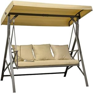 Outsunny 3-Seat Patio Swing Chair, Porch Swing Glider with Cushion, 3 Throw Pillows & Adjustable Canopy for Porch, Garden, Poolside, Backyard, Khaki