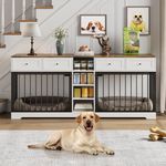 GarveeHome 82" Double Dog Crate Furniture, Large Dog Kennel Indoor for 2 Dogs, Heavy Duty Wooden Dog Crate TV Stand with 4 Drawers and Shelves, White
