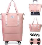 Shasvi Foldable Travel Bag Expandable,Rolling Duffle Bag with Wheels,Weekender Travel Bag with Detachable Rolling Wheels for Women and Men,Travel Tote Duffel Bag (Peach)