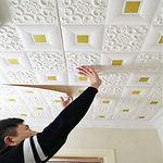 CuteWallDesigns Ceiling Wallpaper (15 Pcs) 3D Foam Wallpaper Sticker Panels I Ceiling Wallpaper for Living Room Bedroom Foam Tiles (Square Design, Gold on White Colour, 15 Pieces, 70x70 cm Each)