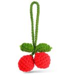 COMNICO Cute Cherry Car Mirror Hanging Ornament, Car Rear View Mirror Interior Pendant Accessories Hand Knitted Crochet Car Decor for Women Girls