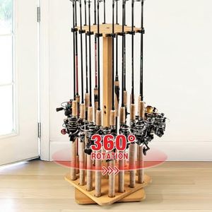 Ghosthorn Fishing Rod Holders for Garage 360 Degree Rotating Fishing Pole Rack, Floor Stand Holds up to 16 Rods Wood Fishing Gear Equipment Storage Organizer, Fishing Gifts for Men Women