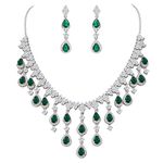 Ever Faith Women's Cubic Zirconia Gorgeous Teardrop Dangle Necklace Earrings Set Green Silver-Tone