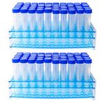 100 PCS 15ml Conical Centrifuge Tubes with 2 Test Tube Racks, Clear Plastic Test Tubes with Graduated Marks and Blue Screw Cap Graduated and Write Marks Lab Test Container