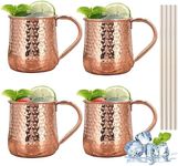 TJ Moscow Mule Mugs Set of 4, 17 oz Hammered Copper Cups with 304 Stainless Steel Lining and Copper Plated Handles, for Cold Drinks, Juice, Beer, Bars, Parties