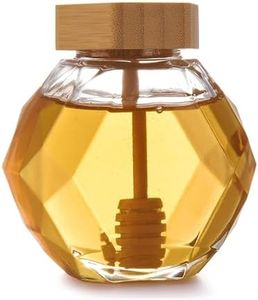 Bruntmor Glass Honey Jar Container - Small Honey Pot with Dipper Set Dispenser - Premium Glass honey decanter glass with Wooden Spiral Drip Dipper and Lid - Bee Honey Stainer Pots Storage Dish