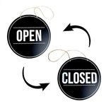 HiNeon Aluminum Open Closed Sign for Business 10in - 1pc Modern Double-Sided Circle Metal Flip Signage for Door, Wall, Window Display of Cafes, Bars, Offices, Spa, Clinic w Suction Cup, Hanging Rope